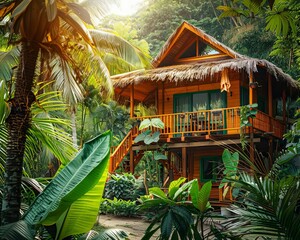 Obraz premium A vibrant photo of an ecofriendly homestay surrounded by lush tropical vegetation Emphasize the sustainable materials and design elements that blend seamlessly into the natural env