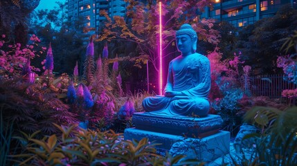AI generated illustration of a Buddha statue, bathed in neon glow, sits amidst an urban garden oasis