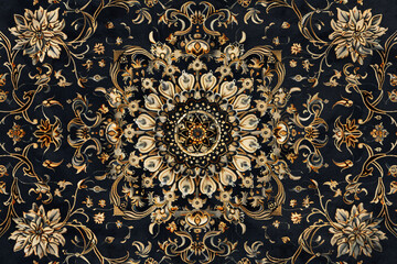 Elegant golden mandala on a dark blue background with floral motifs and intricate detailing