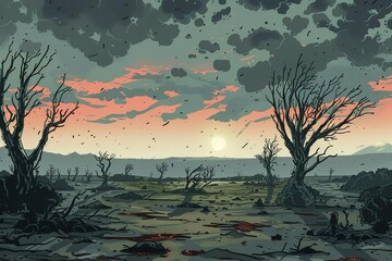 An afterfire scene showing a barren landscape with sporadic signs of life reemerging Utilize a muted color scheme to highlight the devastation yet seed hope with spots of green ind