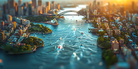Sydney, opera house and Sydney harbor bridge in shot, highly detailed, intricate, vibrant, smooth,...