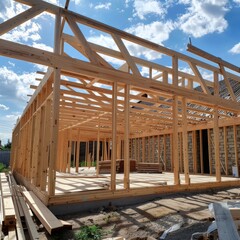 Fototapeta premium Wooden frame construction with truss, post, and beams for a new residential house build