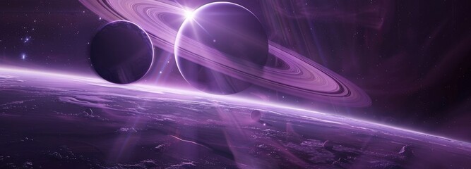 a view of the rings and moons around saturn in space, purple hues