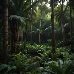 Vibrant jungle scene with tall palm trees and green foliage