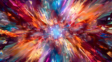 A photograph of a vibrant explosion of geometric shapes, featuring vivid colors and complex patterns, resembling a kaleidoscope. The image simulates the quality.