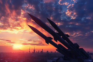 Missiles aimed at the sky, concept of war, nuclear weapons. Copy space for text