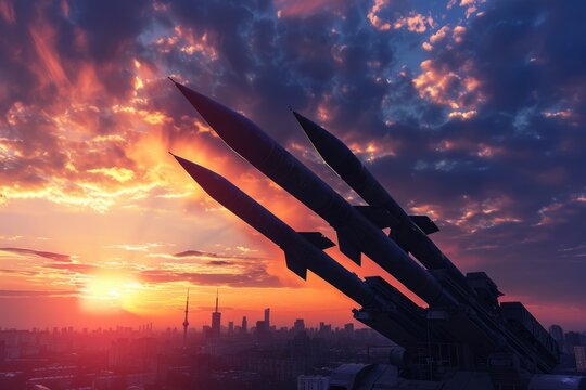 Missiles aimed at the sky, concept of war, nuclear weapons. Copy space for text