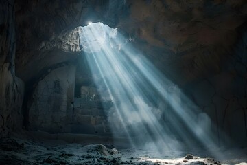 Light rays emanate from an empty tomb, symbolizing the Easter resurrection in Christianity. Concept Religious symbolism, Easter resurrection, Light symbolism, Spiritual imagery, Christian beliefs - obrazy, fototapety, plakaty