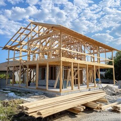 Fototapeta premium Wooden frame construction with truss, posts, and beams for new house manufacturing project