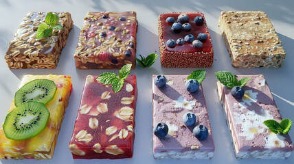 Variety of Nutritious Granola Bars and dried fruit on a dark background, Healthy sugar free snacks. Vegan protein desserts concept.