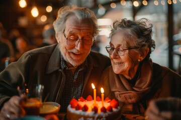 Senior man and woman grandparents celebrating birthday with cake