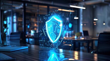 interior of a modern office with a holographic digital shield, working environment security
