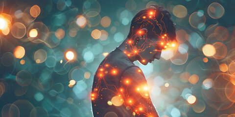 Fibromyalgia Flare-Up: The Widespread Pain and Fatigue - Picture a person surrounded by glowing points of pain all over their body, with exhaustion depicted as heavy weights - obrazy, fototapety, plakaty
