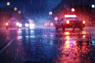 Police investigate crime scene in the rain with flashing lights