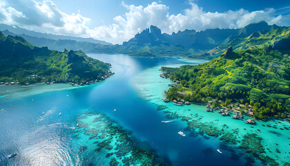 A breathtaking aerial view of Bora Bora in Tahiti, French Polynesia, showcasing the stunning turquoise waters and overwater bungalows of the luxury resort, perfect for a tropical getaway.