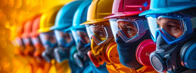 A bright and colorful background with diverse people wearing personal protective equipment (PPE) like goggles, gloves, and helmets.