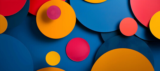 A photograph showcasing a vibrant collection of overlapping geometric shapes, including circles and polygons, set against a deep blue backdrop, taken with a high-definition camera