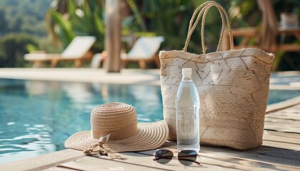 Poolside must haves for a sustainable lifestyle reusable bottle tote bag sunglasses straw hat