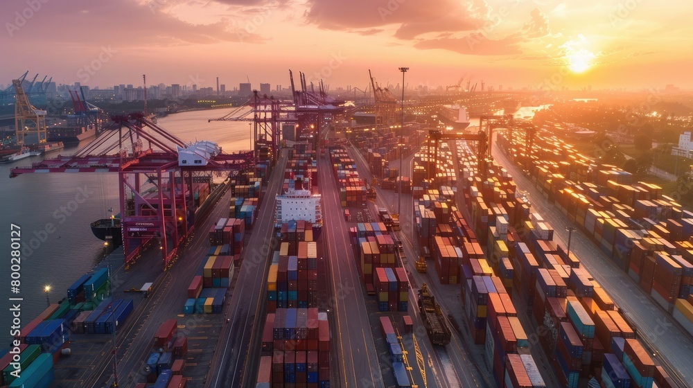 Poster a busy shipping yard at dawn.