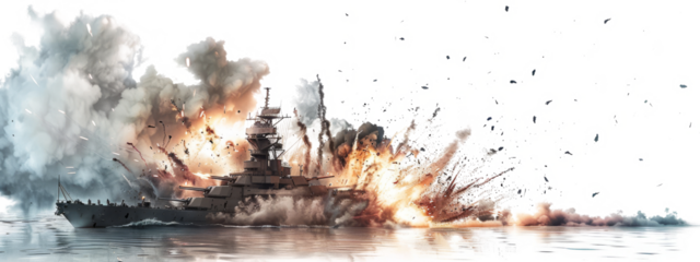 Warship explosion from a missile hit isolated on the transparent background