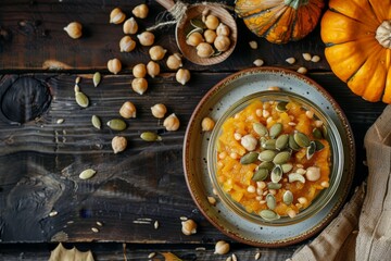 Pumpkin seeds and chickpeas displayed on wooden background