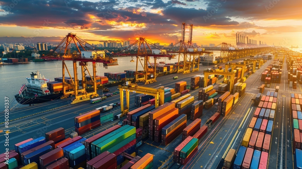 Poster a busy shipping yard at dawn.