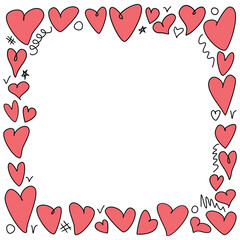 Vector frame, border from hand drawn red outline hearts. Simple freehand scribble background, decoration for Valentine's day, romantic design