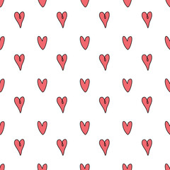 Seamless abstract pattern of small red contour hearts. Hand drawn doodle background, texture for textile, wrapping paper, Valentine's day, romantic design