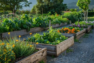Raised bed garden with vegetables and flowers