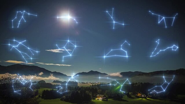 Stars in the night sky with Zodiac signs and symbols illustration and animation overlay 