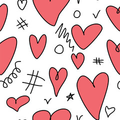 Seamless abstract pattern of different red hearts and doodles. Freehand scribble background, texture for textile, wrapping paper, Valentine's day, romantic design
