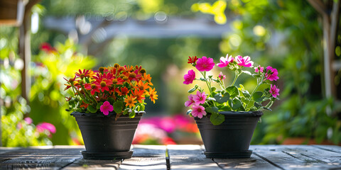 Shot of Increasing Row of Flowerpots with Matching Flowers
