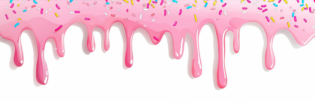 Pink icing sauce dripping down with colorful sprinkles