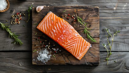 Raw Scandinavian salmon fillet with rosemary thyme salt and pepper presented on an old wooden board Pescetarian seafood prepared and nutritional seafish Horizon