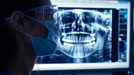 Obraz premium Dentist examines digital x-ray of patient's jaw before performing treatment generative ai