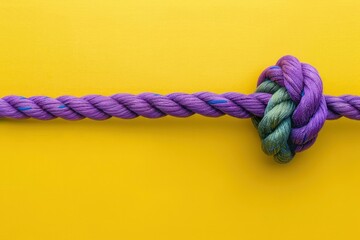 a rope with an intricate knot on a yellow background, with a purple and green color scheme