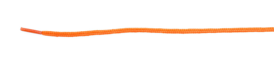 Stylish orange shoe lace isolated on white, top view