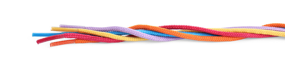 Many colorful shoe laces isolated on white