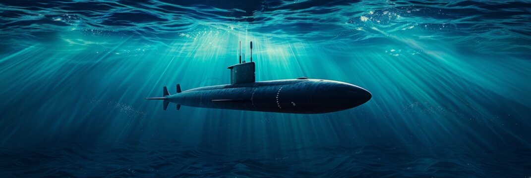 Generic military nuclear submarine floating in the middle of the ocean while shooting an undersea torpedo missile.	