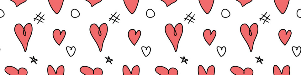 Seamless abstract pattern of different red hearts and doodles. Freehand scribble background, texture for textile, wrapping paper, Valentines day, romantic design