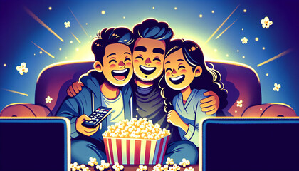 A couple hugging and laughing together while watching a movie on the couch, with popcorn spread around them, in a cartoon format.