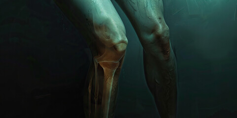 Femoral Shaft Fracture: The Leg Pain and Swelling - A person with a visibly swollen or misshapen thigh area, holding their leg and showing signs of intense pain - obrazy, fototapety, plakaty