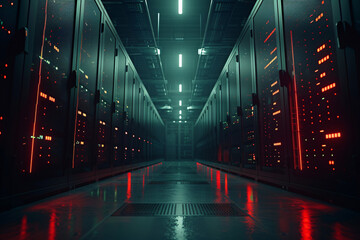 Neon blue lighting in a futuristic server room with reflective floors and walls