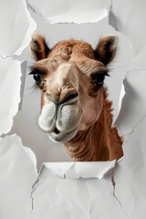  Close-up of a camel peeking through white torn paper, ideal for humorous or surprising concepts.