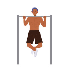 Strong athletic man cartoon character pulling up on horizontal bars enjoying training workout