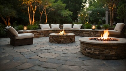 An inviting outdoor space featuring a stone fire pit surrounded by comfortable armchairs and lush greenery