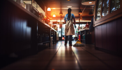 Hardworking cleaner mopping the floor in a restaurant