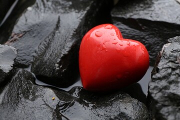 Red decorative heart on stones and water, closeup. Space for text