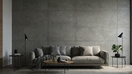 A minimalist living room design featuring grey tones, a comfy sofa, and stylish decoration