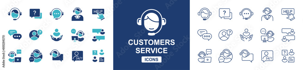 Poster online support assistance icon vector set virtual customer service agent helping technical solution 